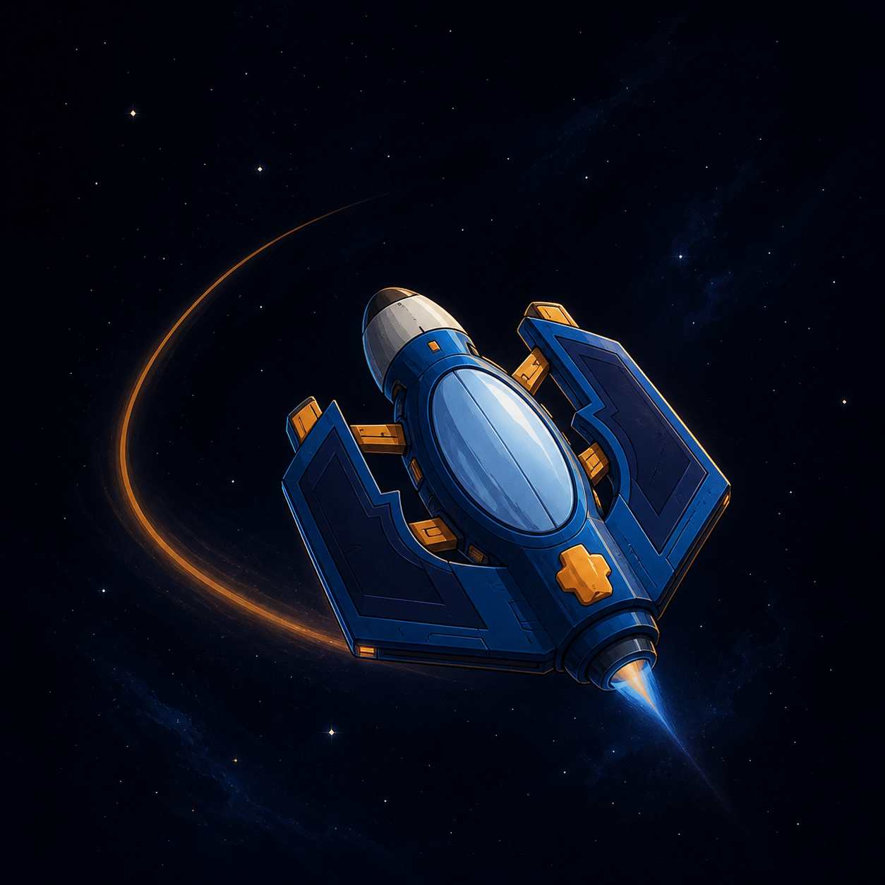 Promotional illustration of the blue and gold Scout Ship flying through space